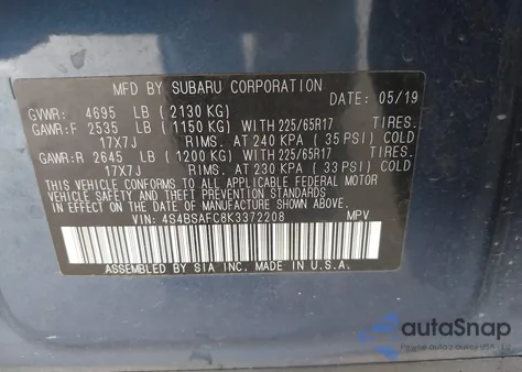 2019 Subaru Outback 2.5I Premium from USA, damaged, VIN 4S4BSAFC8K3372208